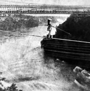 photo of Maria Spelterini crossing Niagara Falls on a tightrope