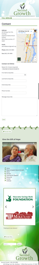 screencap of contact page of secondgrowth.org at a narrow width